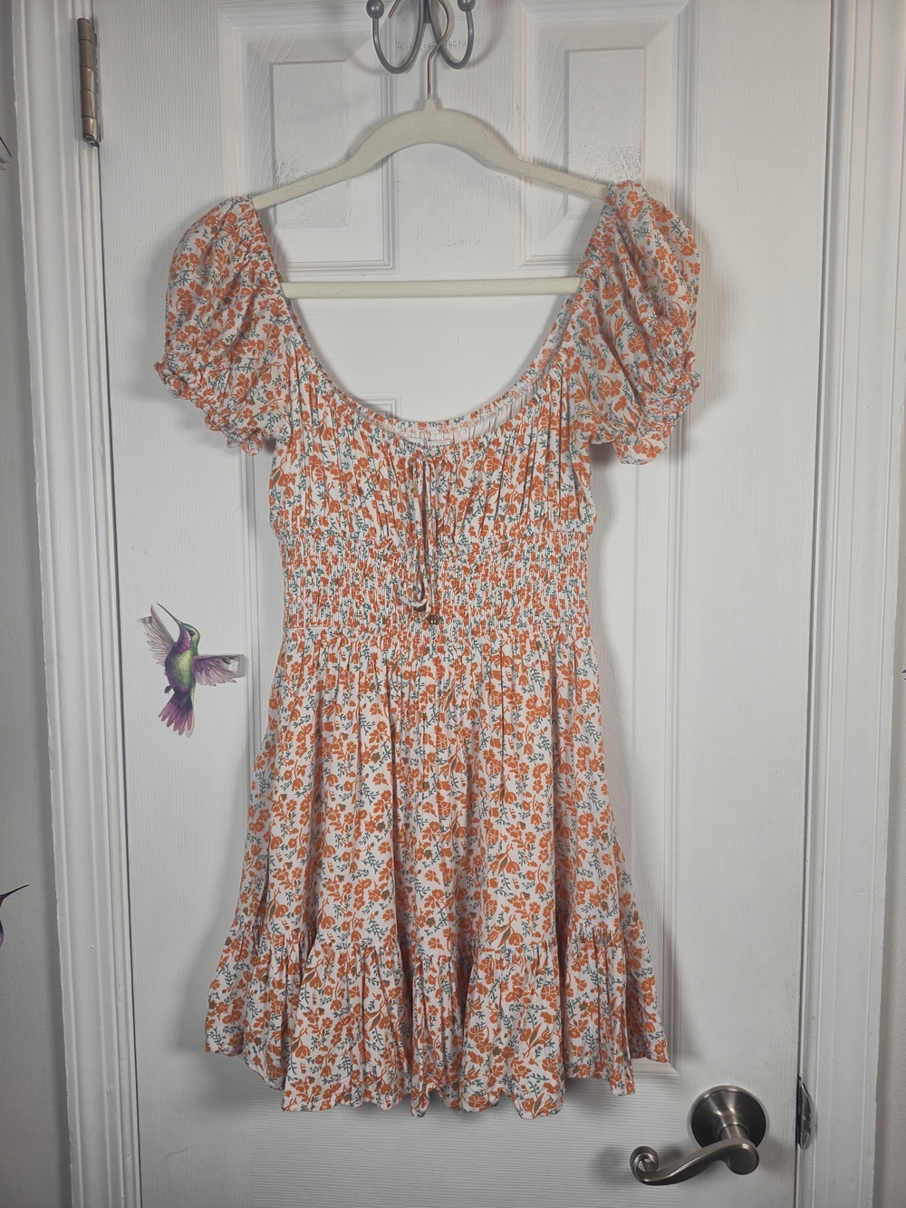 Saints + Secrets Floral Smocked Cottagecore Mini Dress Orange White Small